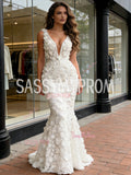 White Flower Trumpet Mermaid V Neck Prom Dress