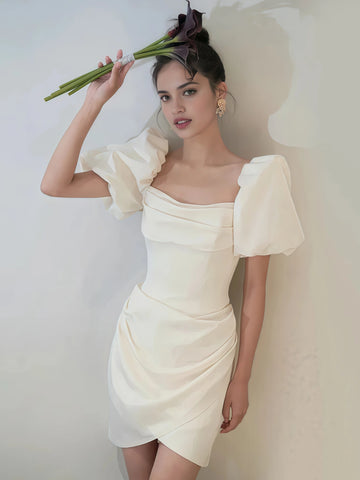 Puffy Sleeves Short Mini Short Ruched Wedding Dress