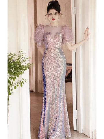 Short Sleeve Pink Feather Sequin Trumpet Mermaid Prom Dress
