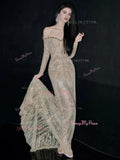 Trumpet Mermaid Off The Shoulder Champagne Sparkle Tulle Prom Dress