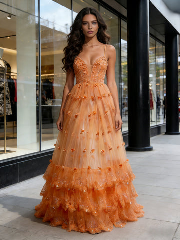One Shoulder Ruffles Orange Tulle Sparkle Prom Dress