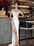 Cold Sleeves A Line Satin Beading Wedding Dress With Slit