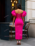 Fuchsia Satin Detachable Sleeve One Shoulder Prom Dress With Slit