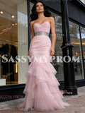 Sweetheart Trumpet Mermaid Tulle Ruffles Pink Beading Prom Dress