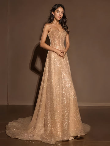 Sequin Gold Trumpet Mermaid Spaghetti Straps Prom Dress