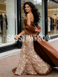 Train Off The Shoulder Sheath Column Brown Detachable Prom Dress