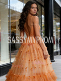One Shoulder Ruffles Orange Tulle Sparkle Prom Dress