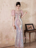 Short Sleeve Pink Feather Sequin Trumpet Mermaid Prom Dress