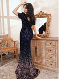 V Neck Navy Sequin Short Sleeve Trumpet Mermaid Prom Dress