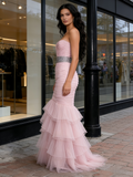 Sweetheart Trumpet Mermaid Tulle Ruffles Pink Beading Prom Dress
