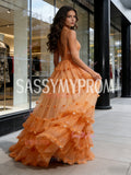 One Shoulder Ruffles Orange Tulle Sparkle Prom Dress