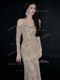 Trumpet Mermaid Off The Shoulder Champagne Sparkle Tulle Prom Dress