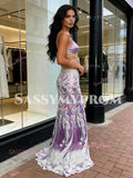 Two Piece Sequin Purple High Neck Floral Prom Dress