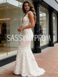 White Flower Trumpet Mermaid V Neck Prom Dress