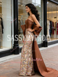 Train Off The Shoulder Sheath Column Brown Detachable Prom Dress