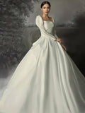 Satin Long Sleeve Button White Wedding Dress