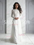 Long Sleeve A Line Tulle Scoop Lace Wedding Dress