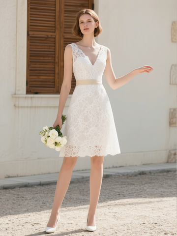V Neck Knee Length Belt Lace Wedding Dres