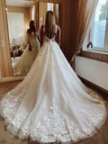 V Neck Open Back Lace Princess A Line Wedding Dress