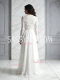 Long Sleeve A Line Tulle Scoop Lace Wedding Dress