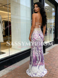 Two Piece Sequin Purple High Neck Floral Prom Dress