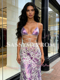 Two Piece Sequin Purple High Neck Floral Prom Dress