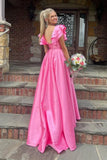 Hot Pink Satin Ruffles Cap Sleeves Prom Dress with High Slit