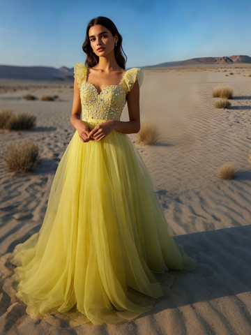 Yellow Puffy Sleeves A Line Backless Beading Prom Dress