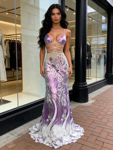 Two Piece Sequin Purple High Neck Floral Prom Dress