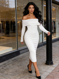 White Long Sleeve Elegant Knit Club Party Midi Maxi Dress