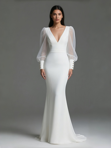 V Neck Button Chiffon Mermaid Long Sleeve Wedding Dress