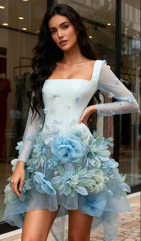 A Line Square Tulle Flower Feather Long Sleeve Homecoming Dress