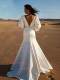 Long Sleeve Satin Crystal Trumpet Mermaid Wedding Dress