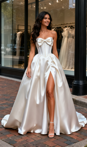 A Line Bow Corset Satin Sweetheart Wedding Dress With Slit