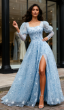 Blue Long Sleeve Tulle A Line Snowflake Prom Dress With Slit