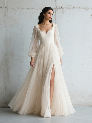 Chiffon Long Sleeve A Line Sweetheart Wedding Dress With Slit