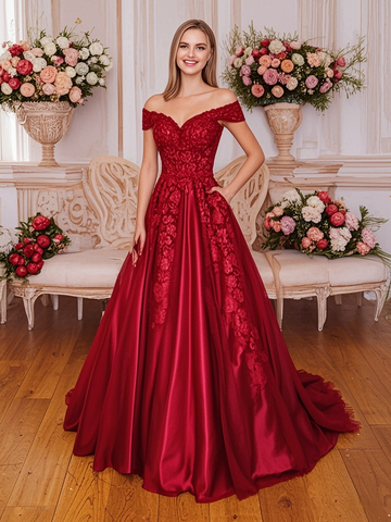 Burgundy Satin Lace Up Off The Shoulder Prom Dress