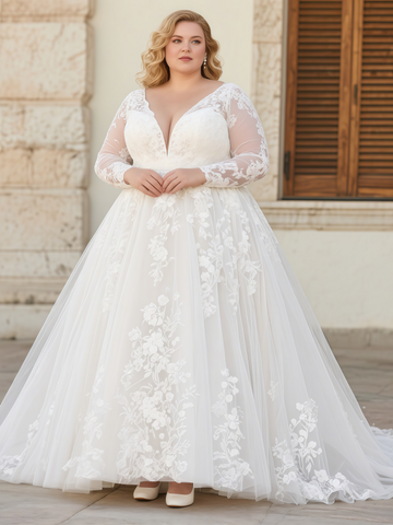 V Neck Tulle Ankle Length Appliques Plus Size Wedding Dress