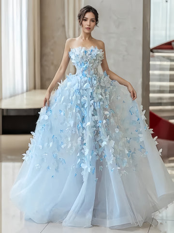 Light Blue Sweetheart Tulle Flowers A Line Prom Dress