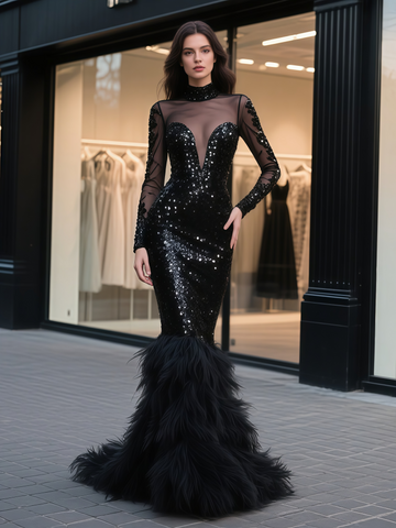 High Neck Trumpet Mermaid Sequin Black Feather Prom Dress