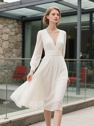 V Neck Chiffon Tea Length Long Sleeve Wedding Dress