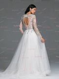 Deep V Neck Lace Long Sleeve Flower Tulle Wedding Dress