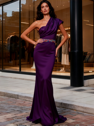One Shoulder Beading Trumpet Mermaid Satin Grape Prom Dress
