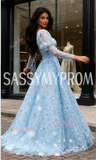 Blue Long Sleeve Tulle A Line Snowflake Prom Dress With Slit