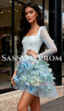 A Line Square Tulle Flower Feather Long Sleeve Homecoming Dress