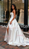 A Line Bow Corset Satin Sweetheart Wedding Dress With Slit