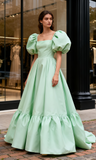 Off The Shoulder Satin Green Puffy Sleeve A Line Prom Dress