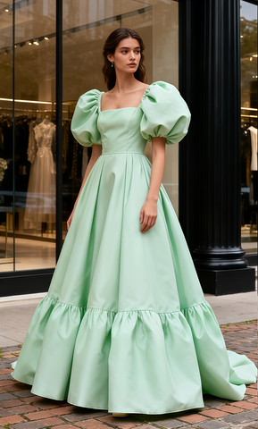 Off The Shoulder Satin Green Puffy Sleeve A Line Prom Dress