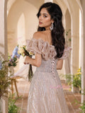 Pink Tulle Ruffles A Line Off The Shoulder Prom Dress