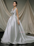 Beading Bow Satin V Neck A Line Wedding Dress With Pockets